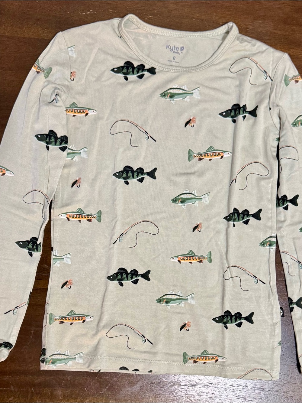 Kyte BABY Cream Long Sleeve Shirt with Fish & Fishing Rod Print